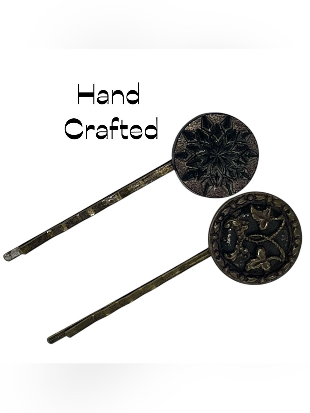 Hand Crafted Black Bronze Button Repurposed Hair Clips NWT